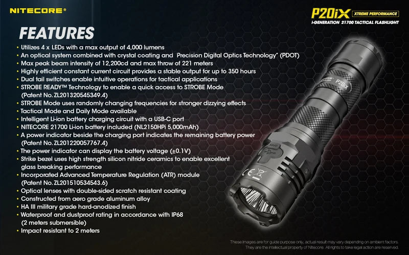 FLASHLIGHT / NITECORE P20iX / RECHARGEABLE / 4000 Lumens  NL2150HPi 5000mAh Battery